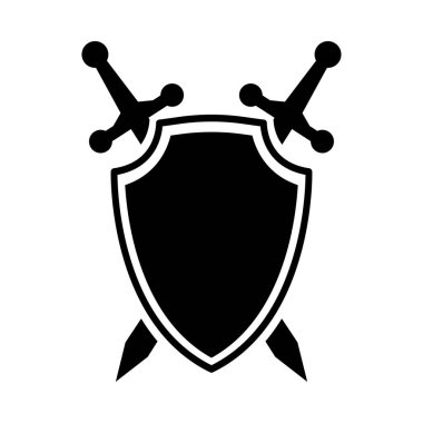 Beyaz arkaplanda kalkan ve kılıç simgesi vektör tasarım şablonu