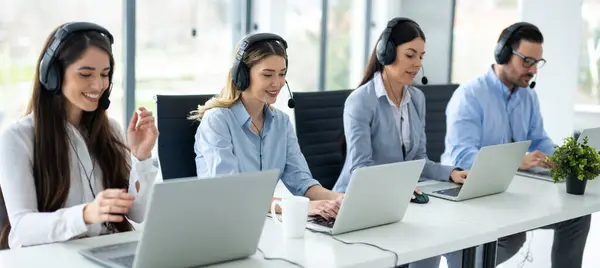 Group Professional Help Desk Representatives Working Call Center Using Laptops — Stock Photo, Image