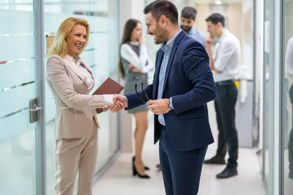 Exited Business Partners Handshake Making Deal Agreement Successful Trading Office — Foto Stock