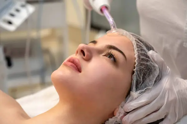 Close Young Woman Receiving Electric Darsonval Facial Massage Procedure Beauty — Stock Photo, Image