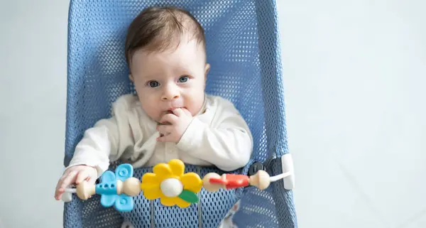 Adorable Baby Boy Sitting His Rocking Chair Looking Camera — Stock Photo, Image