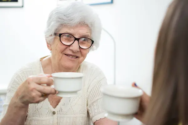 Großmutter Bei Einer Tasse Tee Mit Ihrer Enkelin — Stockfoto