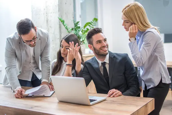 Group Young Business People Working Communicating While Sitting Office Desk — Stock Photo, Image