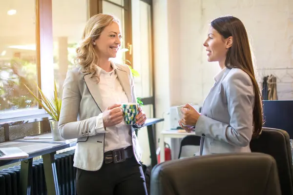 Stock image Two businesswomen talking during coffee break in office