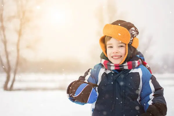 Parkta Karlı Bir Günde Kışlık Giysiler Içinde Küçük Bir Çocuğun — Stok fotoğraf