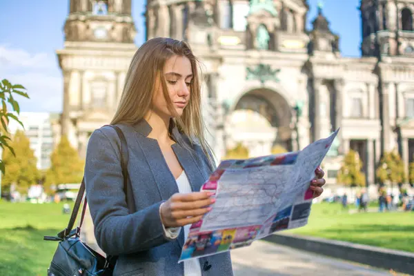 Beautiful Young Woman Map Searching City Attraction While Standing Berlin — Stock Photo, Image