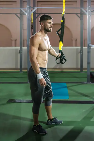 Full Length Portrait Shirtless Handsome Man Preparing Suspension Training Gym — Stock Photo, Image