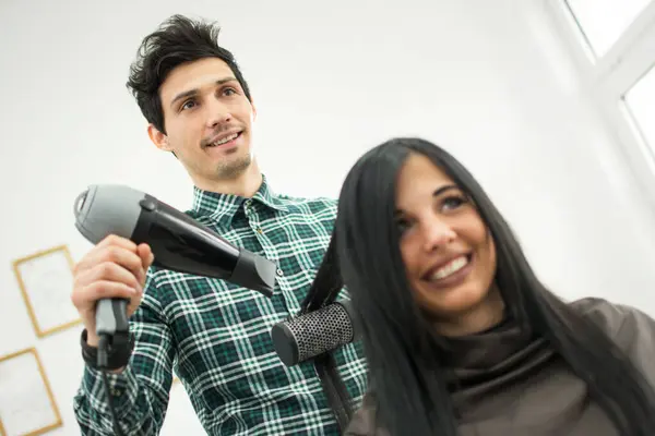 Professional Hair Stylist Blowing Out Clients Hair — Stock Photo, Image