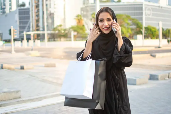 Gorgeous Arab Woman Shopping Bags Talking Mobile Phone City Street — Stock Photo, Image