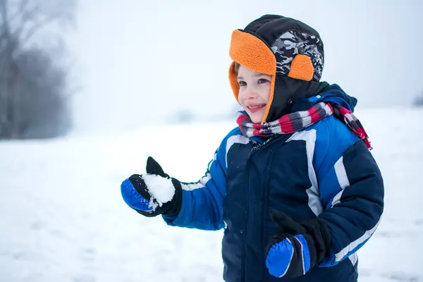 Kış Parkında Elinde Kartopu Tutan Küçük Çocuk — Stok fotoğraf