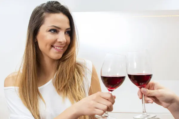 Portrait Young Woman Clinking Glasses Red Wine — Stock Photo, Image