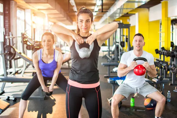 Group Three Young Sporty People Having Functional Fitness Training Kettlebell — Stock Photo, Image