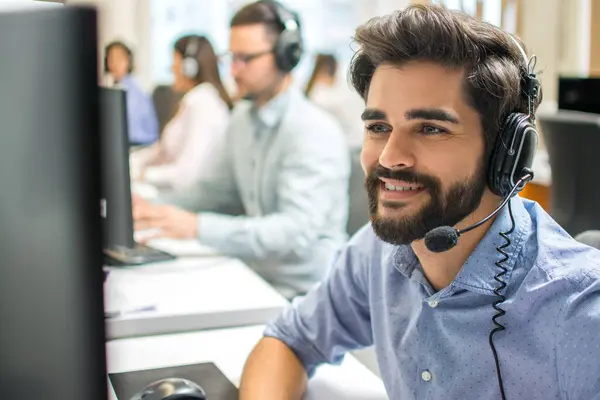 Closeup Portrait Smiling Assistant Using Headset Call Center — Stock Photo, Image