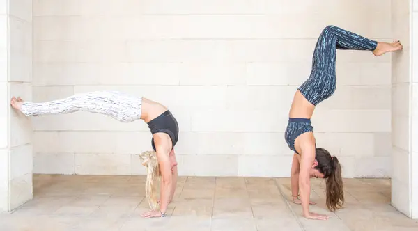 Twee Fitness Vrouwen Doen Holle Rug Handstand Leunend Tegen Muur — Stockfoto