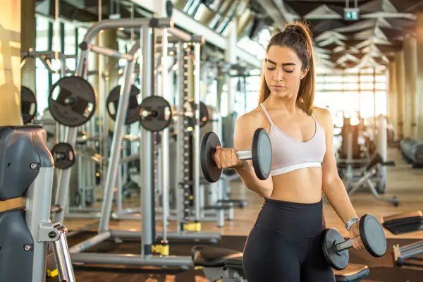 Young Female Athletic Woman Exercising Dumbbells Gym — Stockfoto