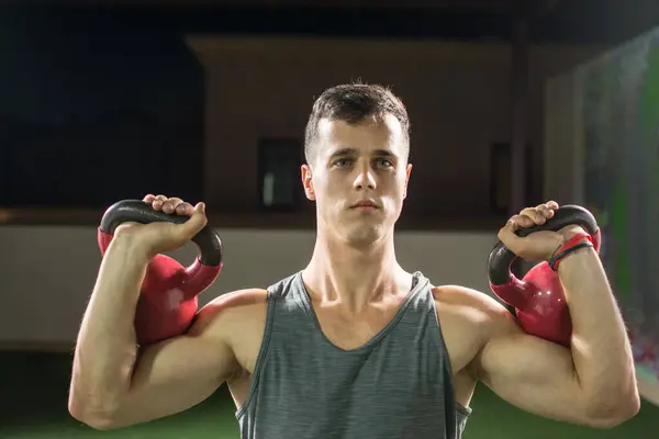 Portrait Muscular Young Man Lifting Weights Gym — Stock Photo, Image