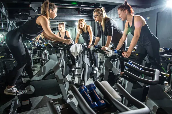 Motivated Young Women Sportswear Having Group Exercise Cycling Class Gym — Stock Photo, Image