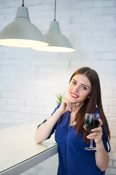 Portrait Smiling Girl Holding Glass Red Wine Home — Stock Photo, Image