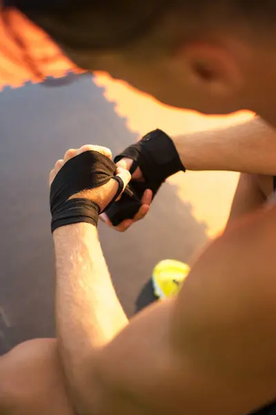 Shoulder View Unrecognizable Man Putting Sport Gloves Gym — Φωτογραφία Αρχείου