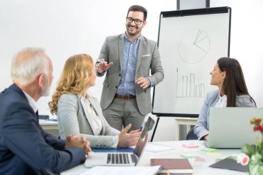 Başarılı iş adamı müşterilerine toplantı odasında sunum yapıyor..