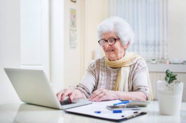 Laptop kullanan ve faturaları hesaplayan modern yaşlı bir kadın.