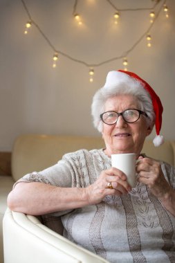 Son sınıf öğrencisi, kırmızı Noel Baba şapkası takıyor sıcak bir evde çay içiyor. Xmas, son sınıf, yaş kavramı.