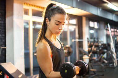 Sporcu genç kadın spor salonunda ağırlık çalışıyor..