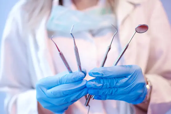Close Photo Dentists Hands Holding Dental Tools — Stock Photo, Image