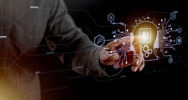 Businessman touching digital chatbot for provide access to information and data in online network, application and global connection, AI, Artificial intelligence, innovation and technology.
