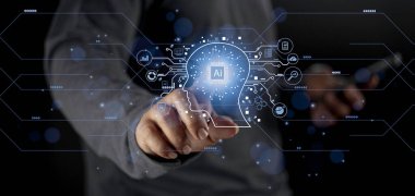 Businessman touching digital chatbot for provide access to information and data in online network, application and global connection, AI, Artificial intelligence, innovation and technology.