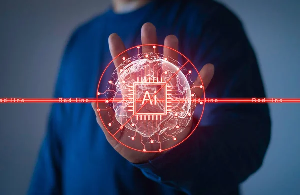 赤い線の愛の法律 Ai人工知能 データサイエンス 情報技術の概念 ビッグデータで仮想画面上でAi機械学習に触れるビジネスマン — ストック写真