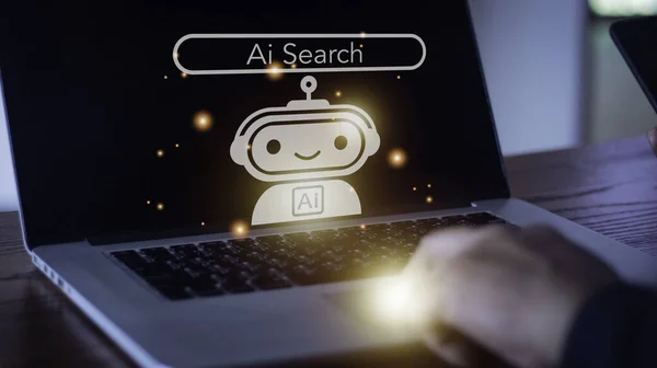 Ai検索 ビジネスマンホログラムデジタルチャットボットを保持 ロボットアプリケーション 会話アシスタント Ai人工知能の概念 仮想画面上のデジタルチャットボット — ストック写真