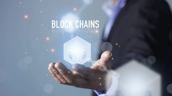 Blockchain Technology Network Concept Businessman Holding Text Blockchain Hand Icons Stock Photo