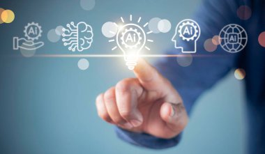 İş adamı yapay zeka, yapay zeka ile sanal küresel internet bağlantısı gösteriyor. komut komutu kullanarak bir şey üretebilirsiniz, gelecekteki teknoloji dönüşümü.