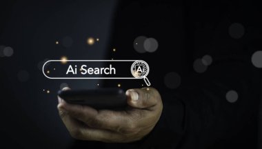 AI searching concept. Data search optimization by artificial intelligence technology. Search engine bar with blank space for text and AI button appear while business person typing on laptop computer