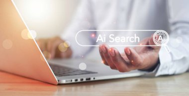 AI searching concept. Data search optimization by artificial intelligence technology. Search engine bar with blank space for text and AI button appear while business person typing on laptop computer
