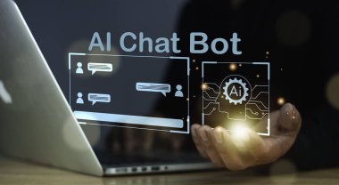 İşadamı iş için yazılım teknolojisi kullanır, akıllı robot otomasyon sistemi, sohbet botu istihbarat veri analizi, yapay zeka sohbet ve komut bir şeyler üretmek için. Al Sekreter.