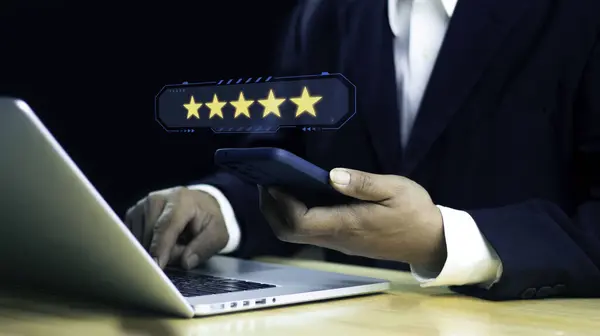 User gives rating to service experience on online application, Customer review satisfaction feedback survey concept, Customer can evaluate quality of service leading to reputation ranking of business.