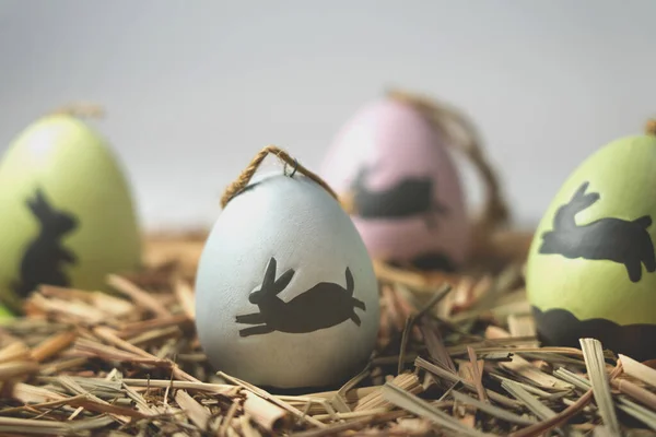 Colored easter eggs in the hay. Top view