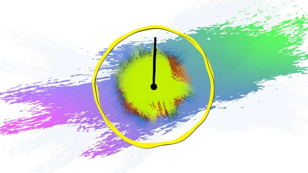 Abstract cartoon clock with color splash. time is 12 o clock.