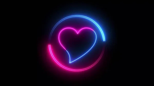 Blue and purple neon heart on black background. 3d render, abstract ultraviolet background with neon heart frame.