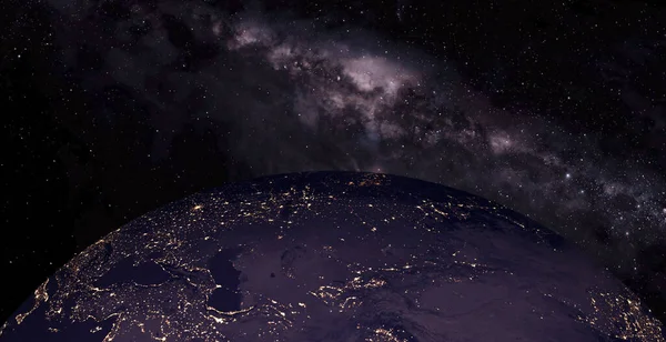 Planet earth in night scene with night city lights from space. Animated night earth with light bulb. 3d space with colorful milky way. beautiful galaxy over 4k resolution.