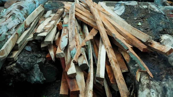 A pile of wood in sawmill. storage of timber in sawmill. Wood resources concept.