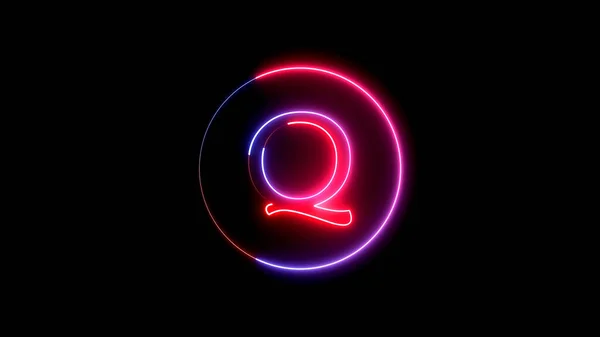 Glowing neon font. Blue, pink and red color glowing neon letter. Glowing neon line in a circular path around the alphabet.