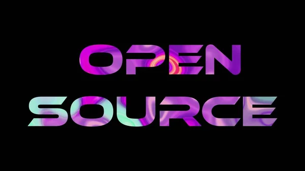 Open source text on black background. Multicolored glossy technological word written on black.