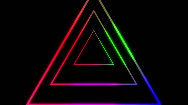 Neon lights triangles icon on a black abstract background.