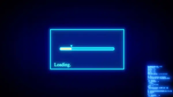 Blue neon loading bar icon on a abstract background.