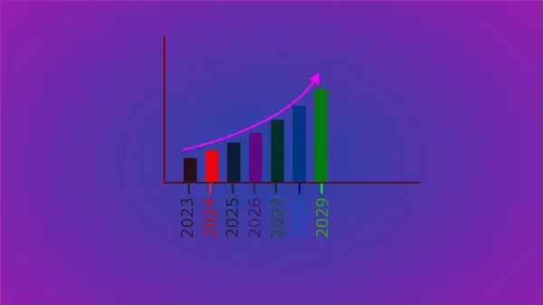 Business Growth And Success Arrow. illustration of a business infographics with rising arrow and bar stats appearing, symbolizing growth and success. colorful growth graph on purple color background.