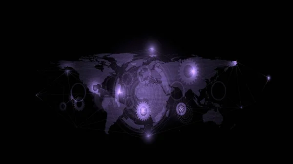 Digital technology HUD elements and connecting data concept line with world map on black background