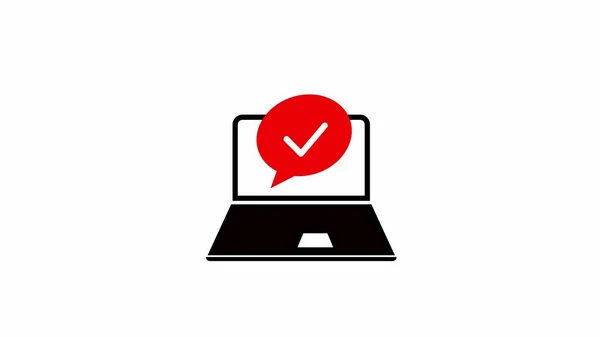 Laptop with a red check mark in a speech bubble icon on a white color background.
